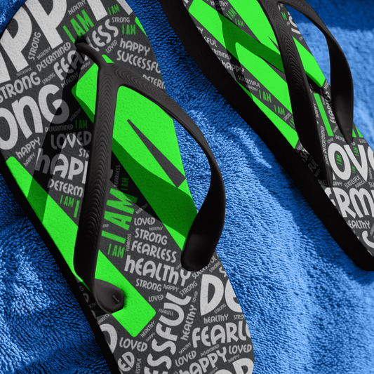 Black white and green I AM affirmations flip flops for men and women. I am loved I am fearless I am healthy I am strong I am successful gift