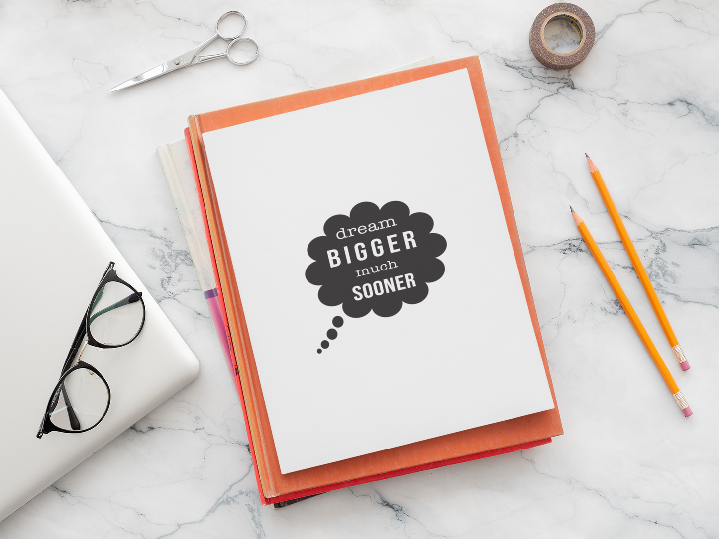 dream bigger much sooner black and white sticker on a journal, motivational sticker, motivation sticker, disciplined sticker, consistency sticker